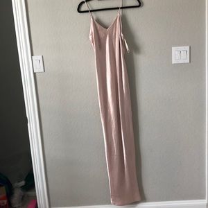 Rose gold/pink shimmer gown with side slit.